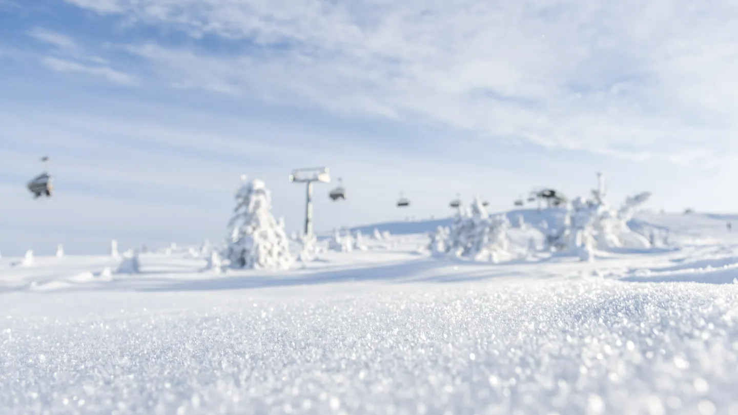 ett snöigt landskap med träd och skidlift